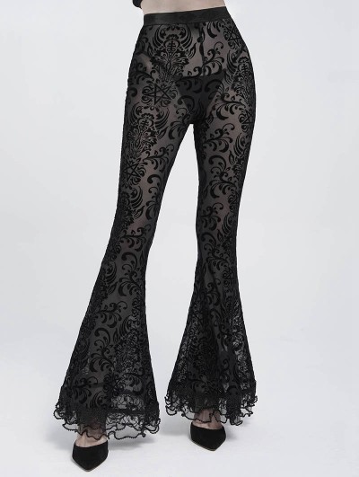 Eva Lady Black Gothic Floral Flocked Beaded Mesh Flared Leggings