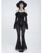 Eva Lady Black Gothic Floral Flocked Beaded Mesh Flared Leggings