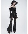 Eva Lady Black Gothic Floral Flocked Beaded Mesh Flared Leggings