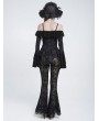 Eva Lady Black Gothic Floral Flocked Beaded Mesh Flared Leggings