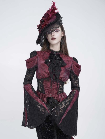 Eva Lady Red and Black Retro Gothic Lace Patchwork Shirt for Women