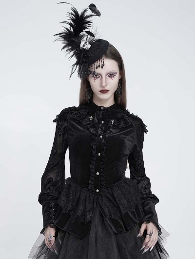 Eva Lady Black Gothic Vintage Floral Puff Sleeve Peplum Shirt for Women