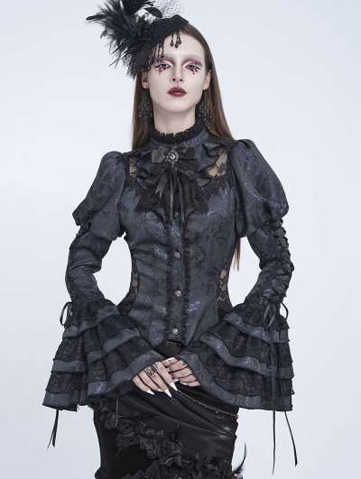 Eva Lady Black Gothic Victorian Flared Sleeve Buttoned Shirt for Women