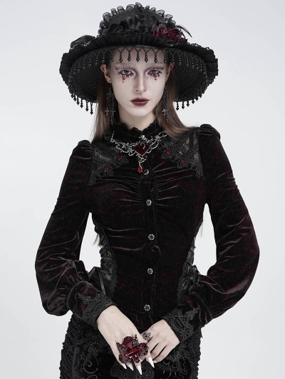 Eva Lady Black Gothic Retro Floral Lace Velvet Shirt for Women