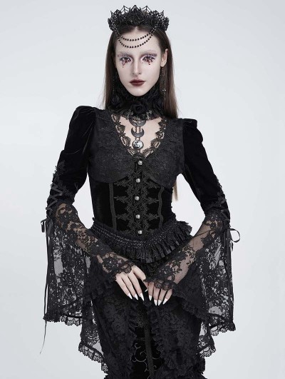 Eva Lady Black Gothic Floral Lace Spliced V-Neck Shirt for Women