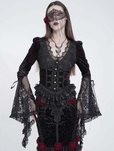 Eva Lady Black and Red Gothic Floral Lace Spliced V-Neck Shirt for Women