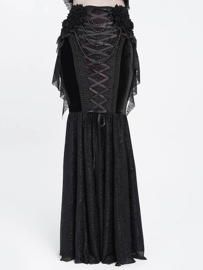 Eva Lady Black Gothic Beaded Velvet Mesh Patchwork Fishtail Skirt