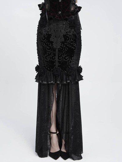 Eva Lady Black Gothic Rose Slit Mesh Velvet Fishtail Skirt