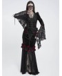 Eva Lady Black and Red Gothic Rose Slit Mesh Velvet Fishtail Skirt