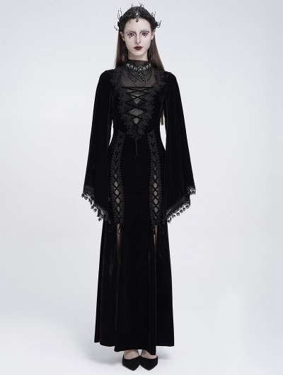 Eva Lady Black Gothic Deep Illusion Velvet Fishtail Maxi Dress