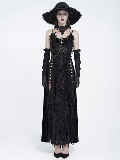 Eva Lady Black Gothic Floral Lace Beaded Spaghetti Strap Maxi Dress