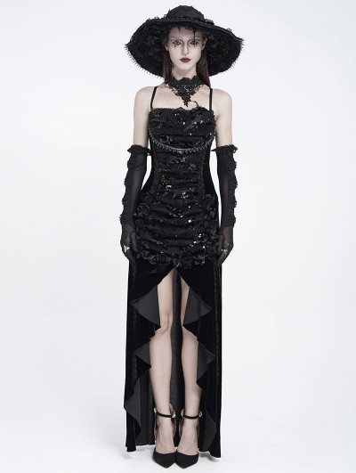 Eva Lady Black Gothic Ruched Sequin Flounce High-Low Party Dress
