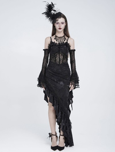 Eva Lady Black Gothic Floral Mesh Spliced Asymmetrical Ruffle Dress