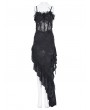 Eva Lady Black Gothic Floral Mesh Spliced Asymmetrical Ruffle Dress