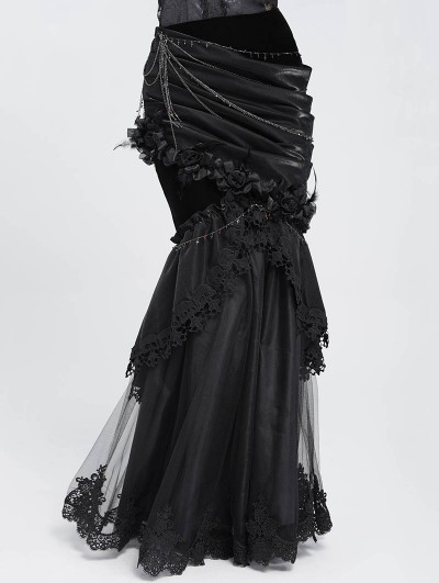 Eva Lady Black Gothic Ruched Asymmetric Layered Mermaid Maxi Skirt