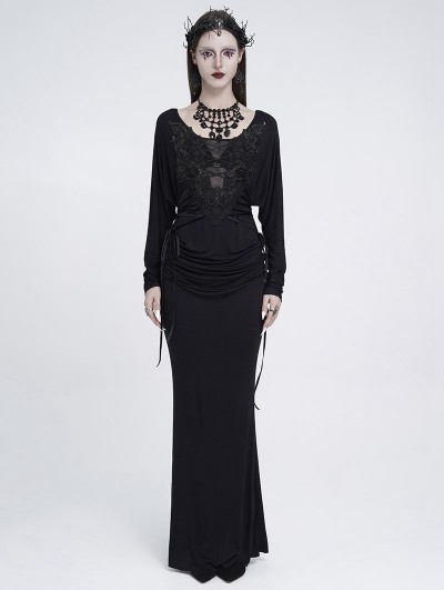 Eva Lady Black Gothic Embroidered Applique Ruched Maxi Fishtail Dress