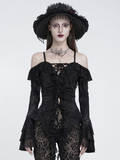 Eva Lady Black Gothic Off-Shoulder Ruffled Bell Sleeve Top for Women