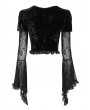 Eva Lady Black Gothic Floral Pattern Spliced Velvet Top for Women