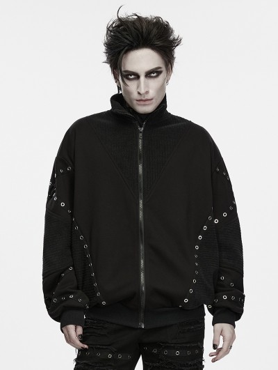 Punk Rave Black Gothic Etched Webbing Sweatshirt Jacket for Men