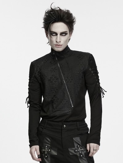 Punk Rave Black Gothic Scale Hollow Lace-Up Turtle T-shirt for Men