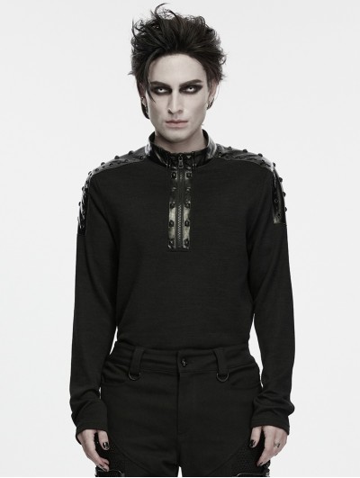 Punk Rave Black Gothic Punk Metal Trim Knit T-shirt for Men
