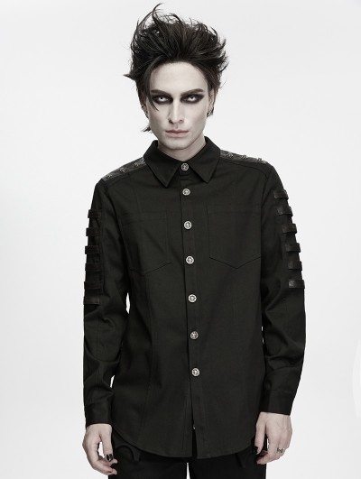Punk Rave Black Gothic Strap Bound Sleeve Cargo Shirt for Men
