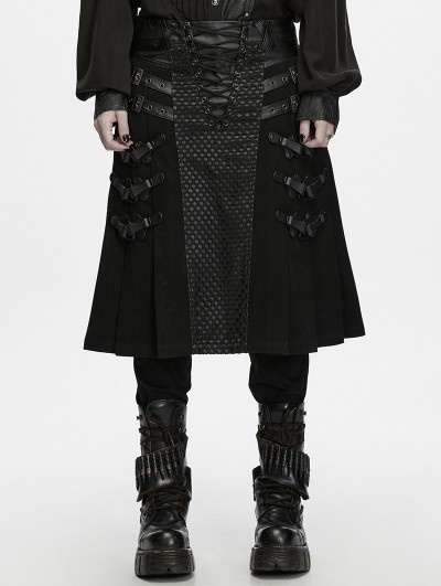 Punk Rave Black Gothic Punk Heavy-Duty Pleated Skirt for Men