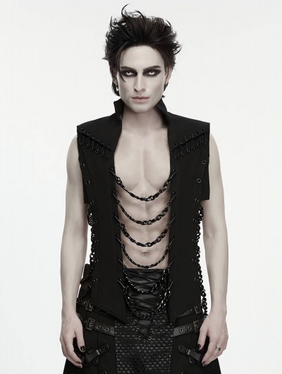 Punk Rave Black Gothic Punk Abyss Chain Stand-Collar Vest for Men