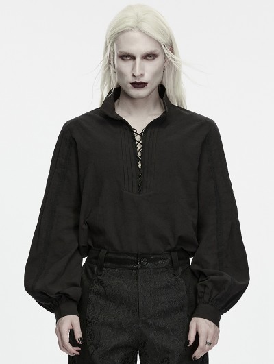 Punk Rave Black Gothic Ruins Era Lace-Up Lantern Sleeve Shirt for Men