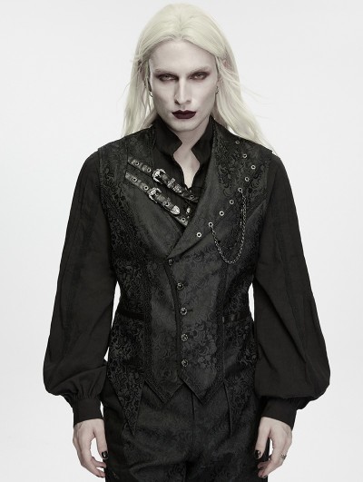 Punk Rave Black Gothic Dark Pattern Jacquard Asymmetrical Strap Vest for Men