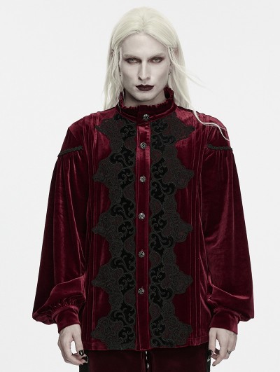 Punk Rave Red Gothic Velvet Embroidery Court Shirt for Men