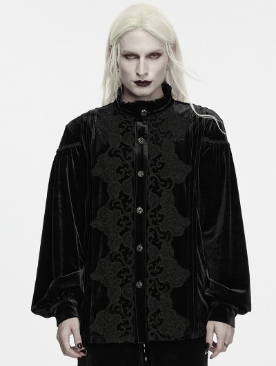 Punk Rave Black Gothic Velvet Embroidery Court Shirt for Men