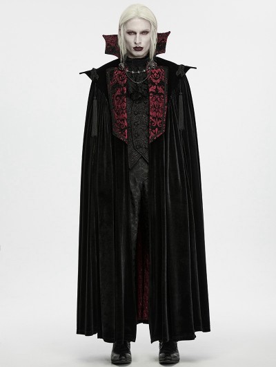 Punk Rave Black and Red Gothic Vampire Velvet Long Cloak for Men