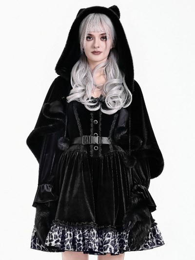 Dark in Love Black Gothic Embossed Velvet Hooded Capelet for Women