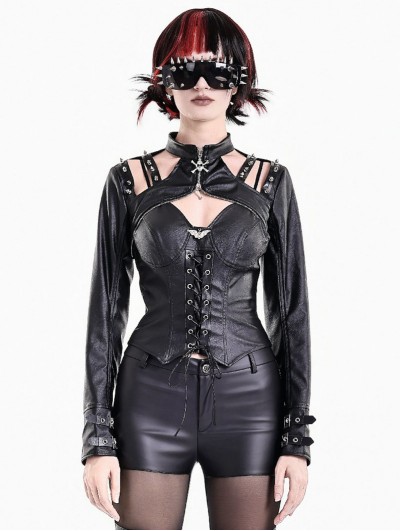 Dark in Love Black Gothic Skull Spikes Punk Leather Shrug for Women