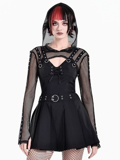 Dark in Love Black Gothic Cyber Punk Fishnet Hooded Shrug for Women