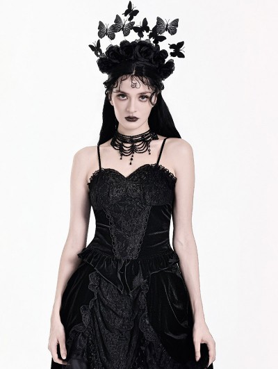 Dark in Love Black Gothic Romantic Butterfly Velvet Camisole Top for Women