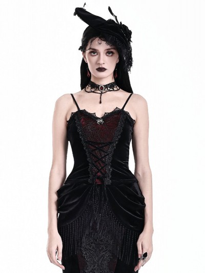 Dark in Love Black and Red Gothic Spider Velvet Corset Top for Women