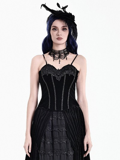 Dark in Love Black Gothic Baroque Embroidered Lace Velvet Corset Top for Women
