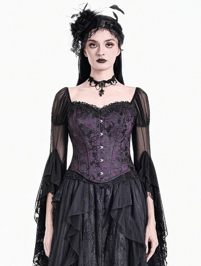 Dark in Love Purple Victorian Gothic Jacquard Overbust Corset Top for Women