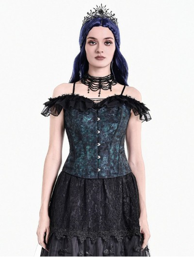 Dark in Love Black and Blue Victorian Gothic Jacquard Corset Top for Women