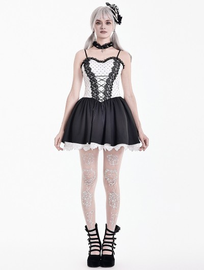 Dark in Love Black and White Gothic Lolita Heart Lace Suspender Dress
