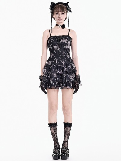 Dark in Love Black and Pink Rose Print Mesh Gothic Dark Romantic Mini Dress