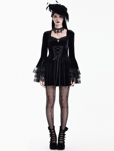 Dark in Love Black Gothic Vampire Countess Rose Lace Velvet Mini Dress