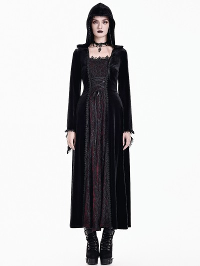 Dark in Love Black and Red Gothic Medieval Hooded Velvet Maxi Dress