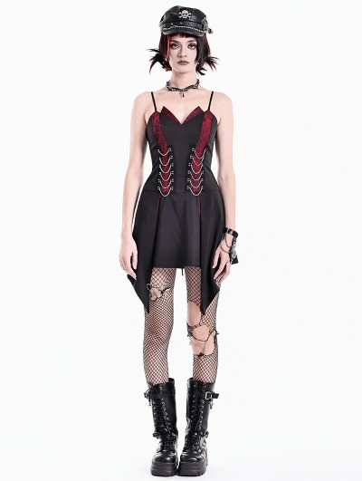 Dark in Love Black and Red Paneled Gothic Punk Chain Mini Dress