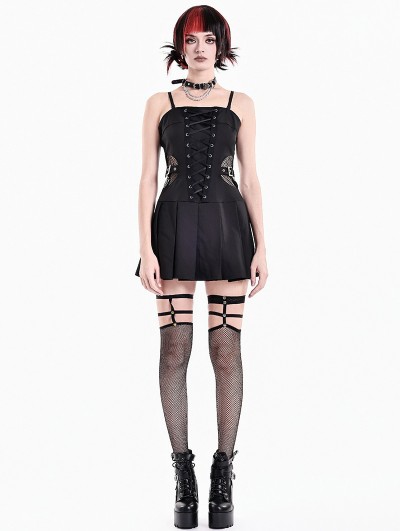 Dark in Love Black Punk Gothic Buckle Mesh Cutout Pleated Mini Dress
