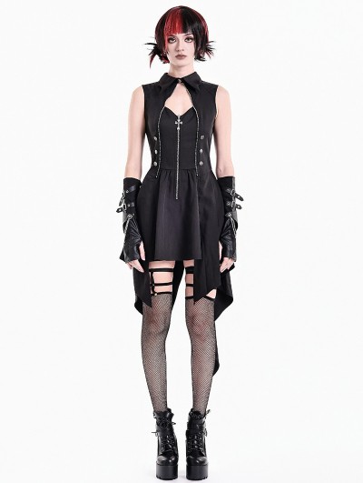 Dark in Love Black Gothic Tactical Punk Tail Halter Vest Dress