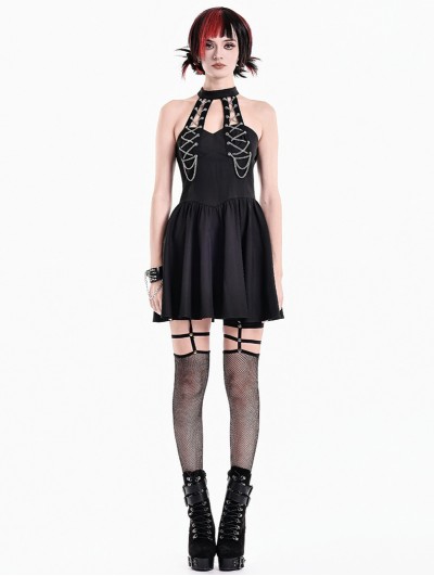 Dark in Love Black Gothic Punk Halter Silver Chain Lacing Mini Dress