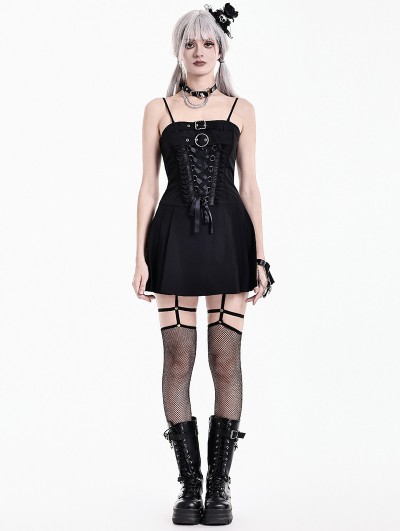 Dark in Love Black Gothic Punk Buckle Ribbon Lacing Mini Dress